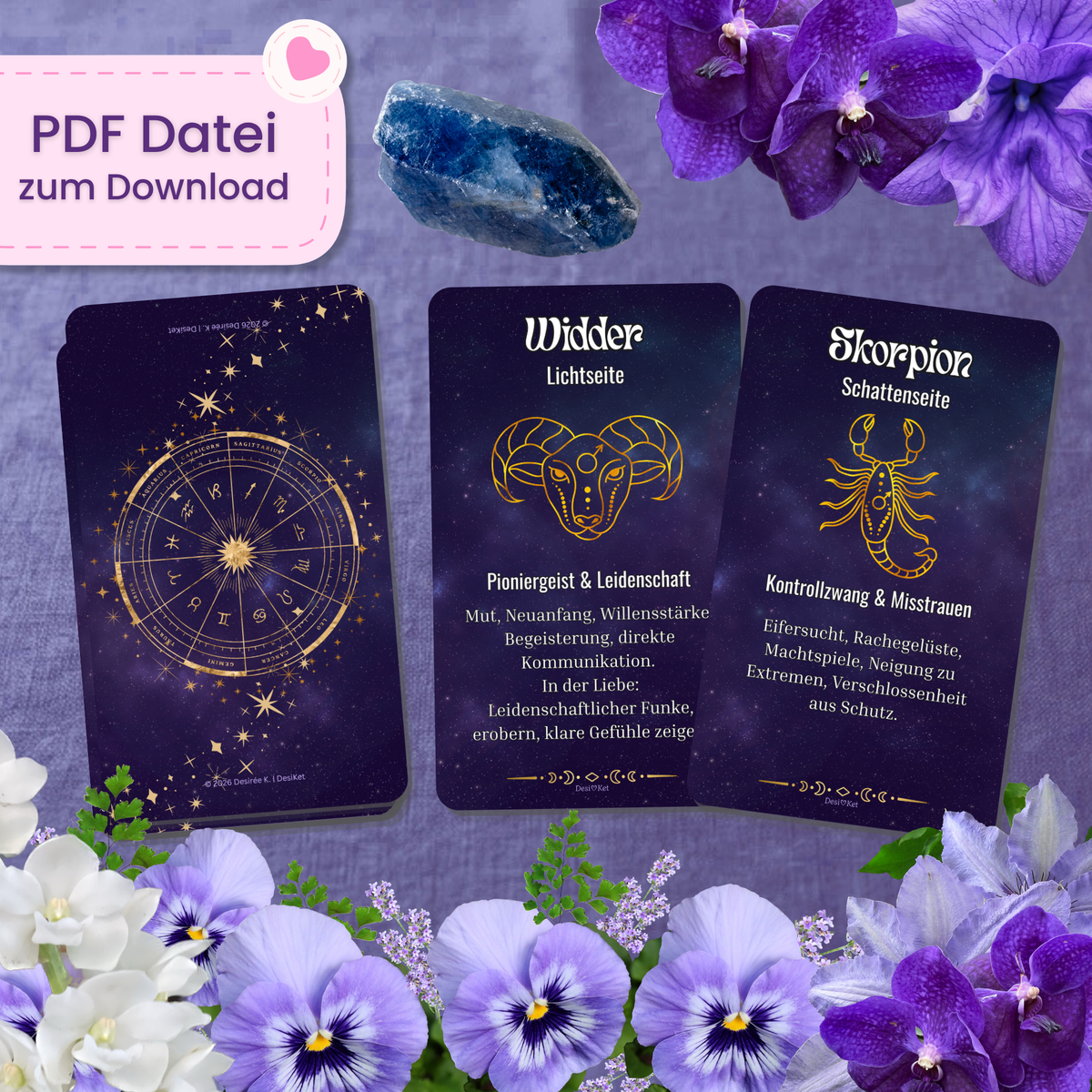 🌟 Zodiac Light & Shadow Orakel (48 Karten | PDF-Download zum Selbstdruck)
