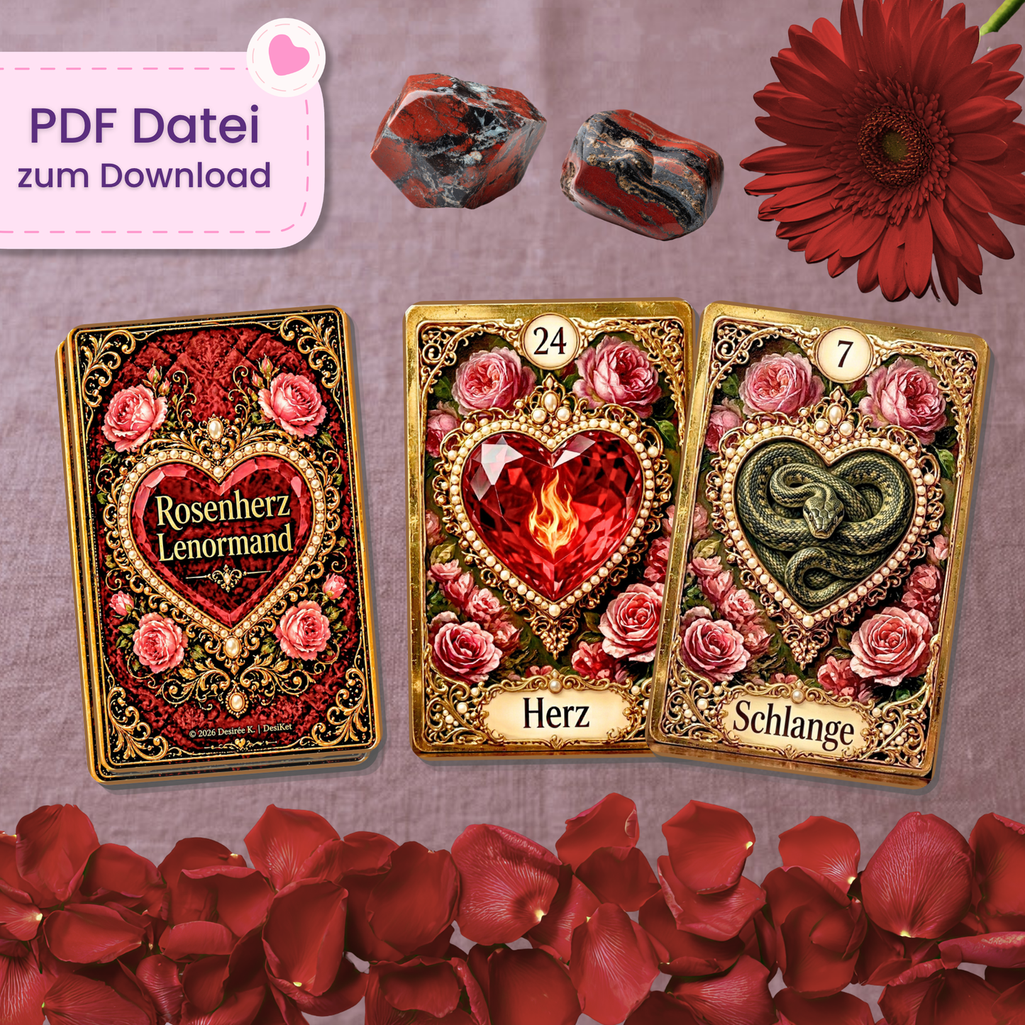 🌹 Rosenherz Lenormand Orakel (55 Stück | PDF Download)