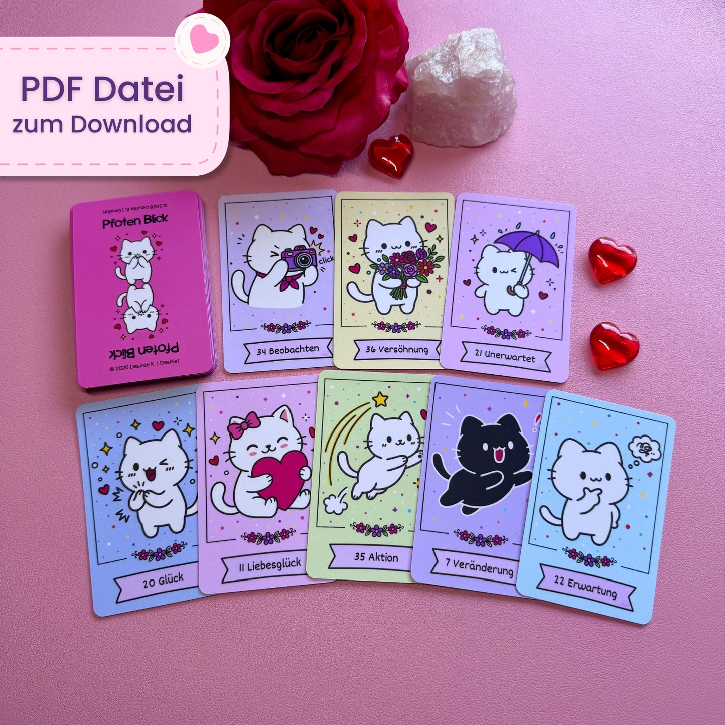 🐾 Pfoten Blick Orakel – Digitales Kawaii Kartendeck zum Selbstdrucken (inkl. Begleitheft & Spickzettel)