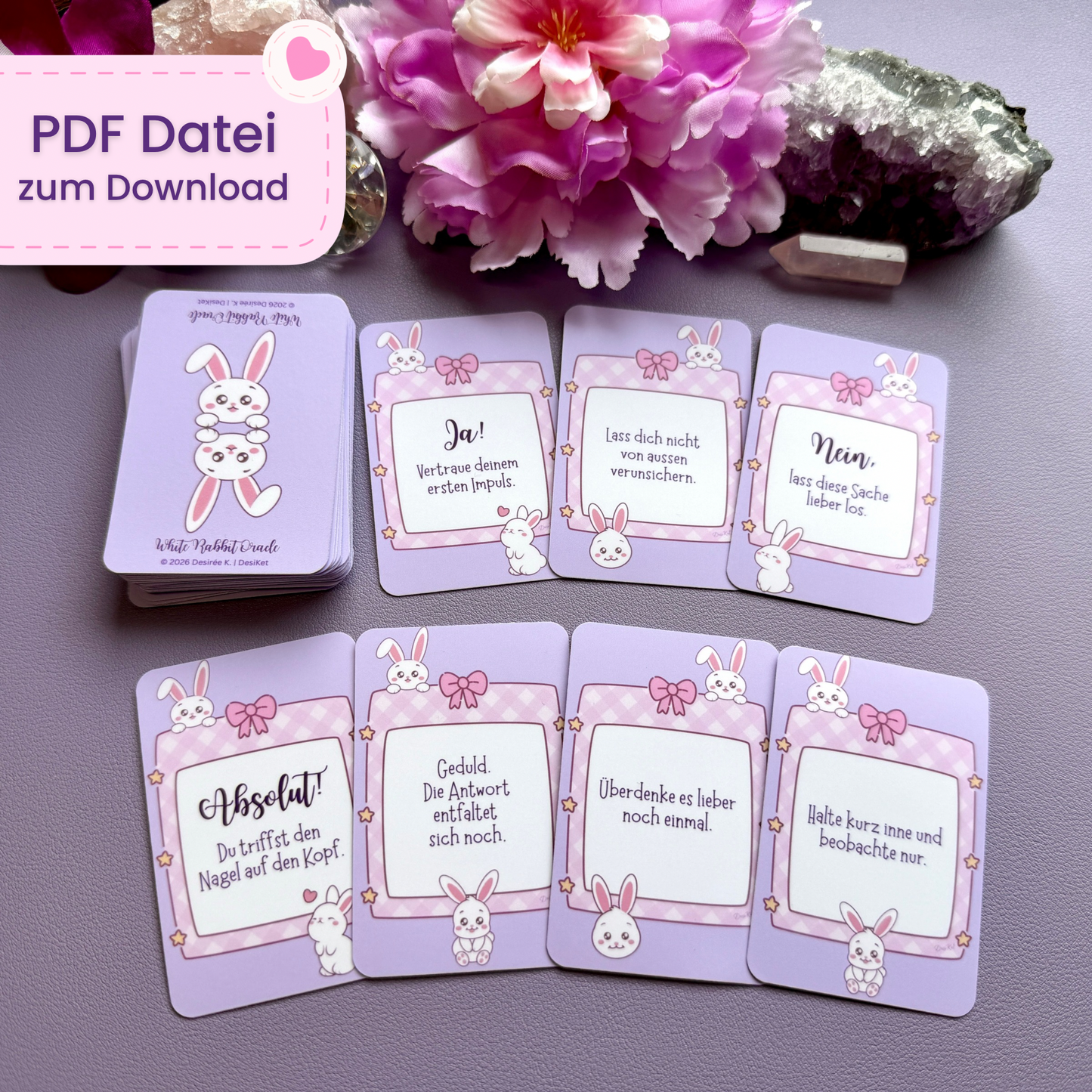 🐇 White Rabbit Oracle – 32 Mini-Orakel Karten (PDF zum Selbstdruck)